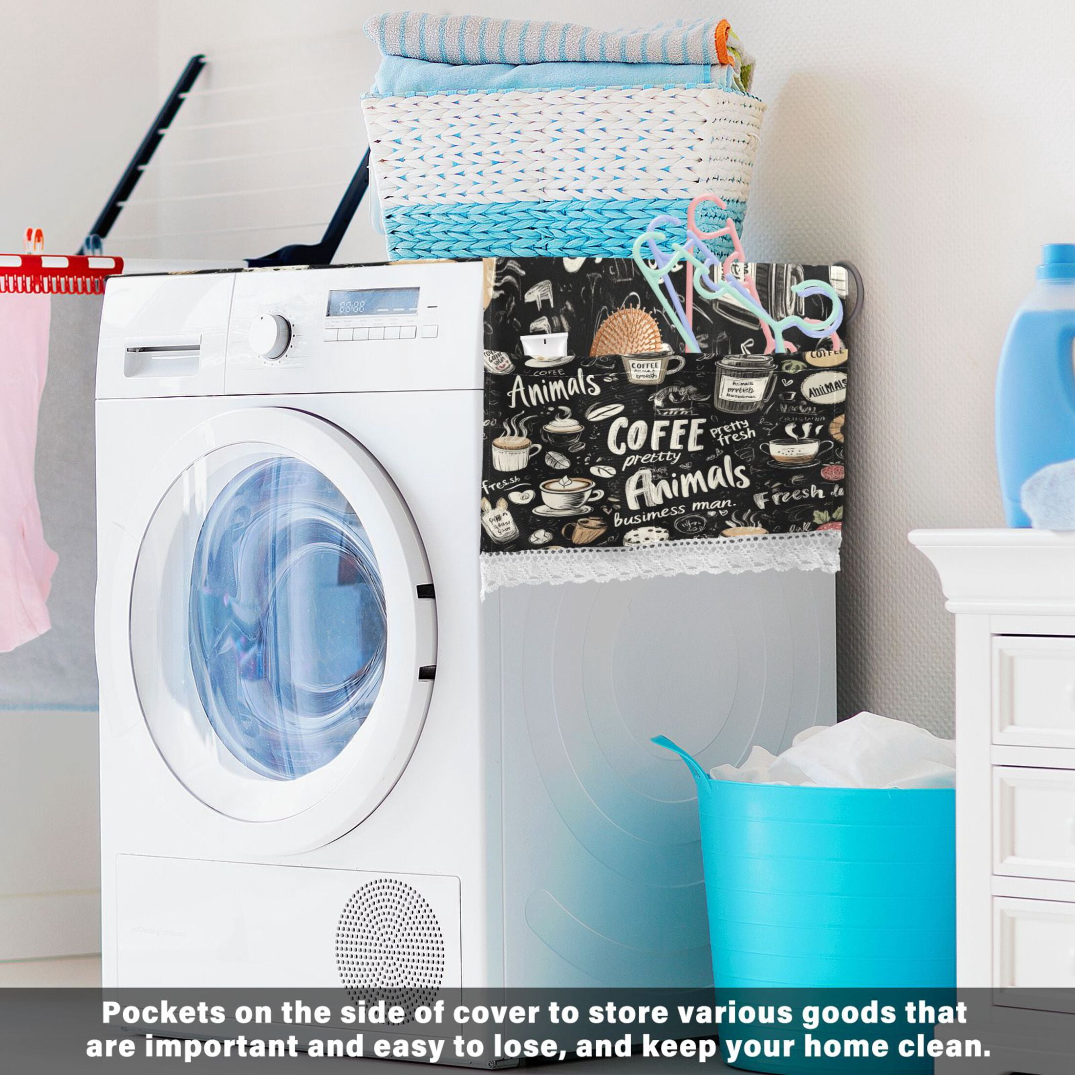 Coffee PictureWasher and Dryer Covers Dust-Proof and Oil Resistant Fridge Cover with 4 Storage Pockets Washing Machine Top Cover for Laundry Kitchen Home 51.2 x 22 In