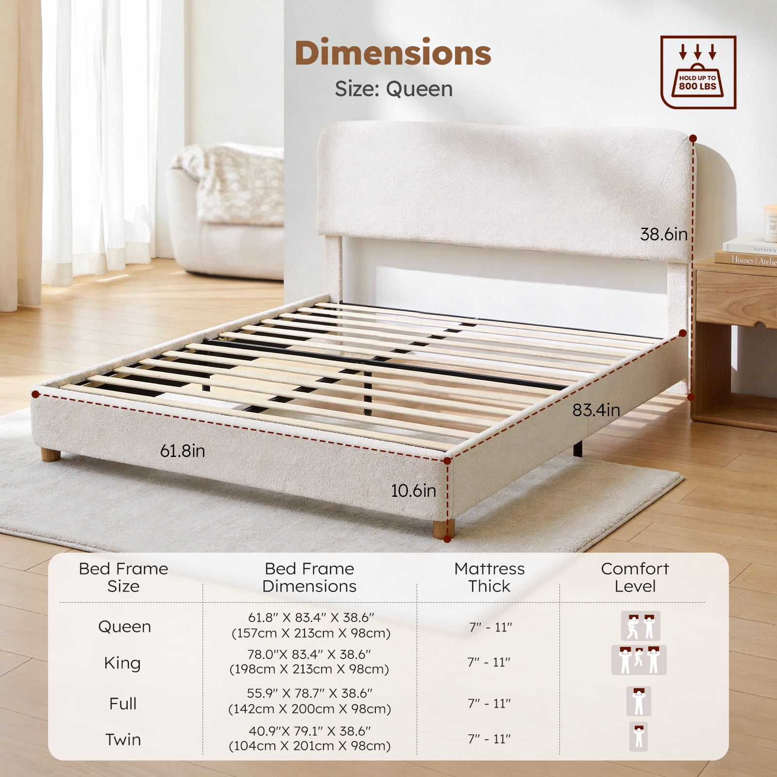 BERRY NEST Boucle Queen Size Bed Frame - Upholstered Bed Frame with Adjustable Headboard, Solid Wood Legs, Rounded Corners, Easy Assembly, Marshmallow BedFrame, Cream