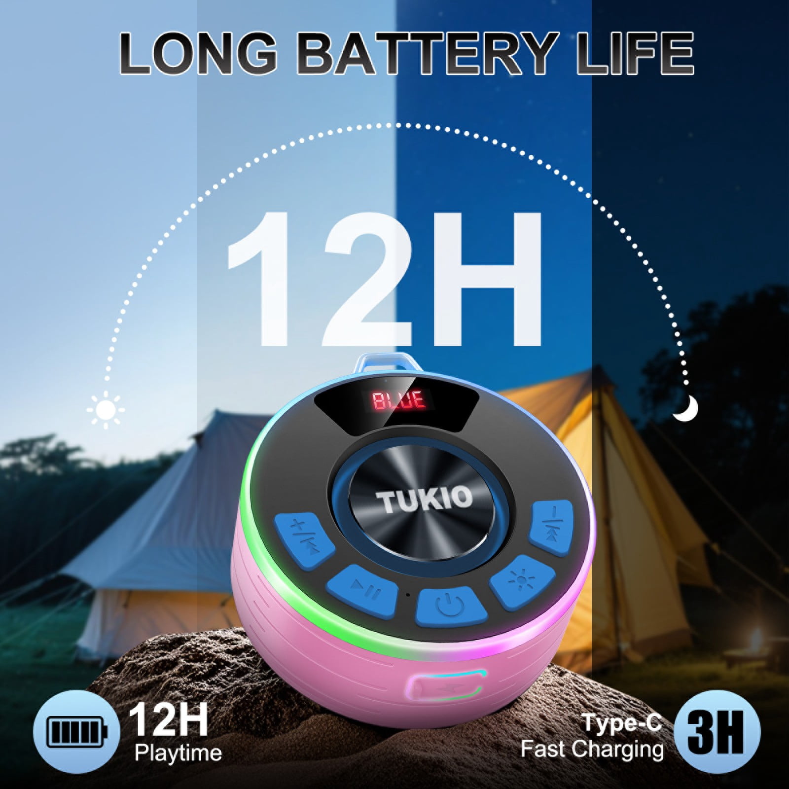 Tukio Bluetooth Speaker, IPX7 Waterproof Shower Speaker with Suction Cup, Mini Portable Speaker, 12H Playtime, Bluetooth 5.4, 360° Sound, RGB LED, Hands-Free Calls, Outdoor Pool Beach Gifts, Pink