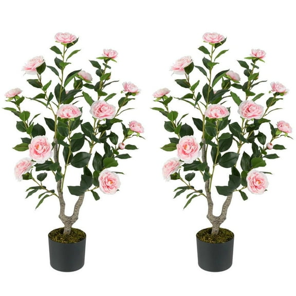 Barara King 36Inch 2 Pack Artificial Camellia Topiary Trees with Blooming Flower, Faux Plants for Patio, Garden, Front Door, Balcony, Backyard, Pink