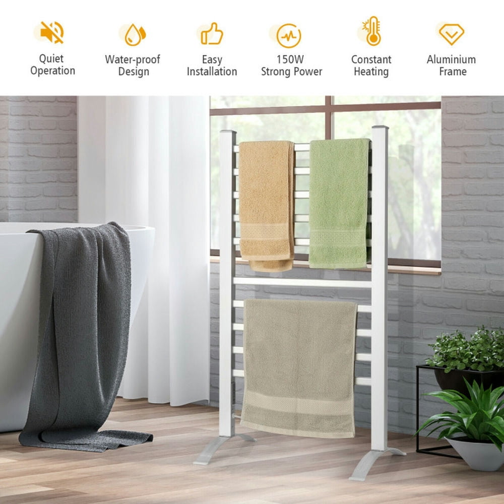 Finihen Wall Mounted Towel Rack, Electric Heated Towel Rack, 2-in-1 150W Freestanding and Wall-mounted Towel Warmer Drying Rack with Timer, for Bathroom, laundry Room, Silver