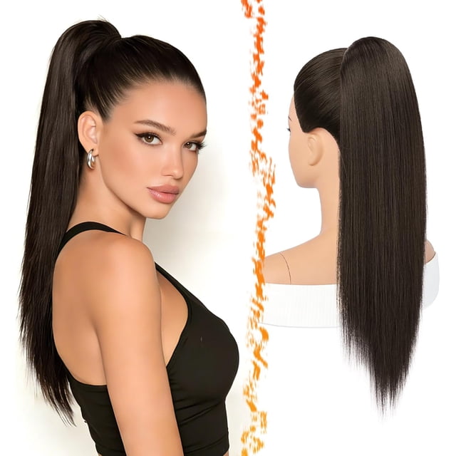 Yanonmyfd Black Straight Drawstring Ponytail Extension - 28 Inch Long Straight Drawstring Ponytail Extension Natural Looking Fluffy Soft Synthetic Cheer Posh Pony Tails Hairpieces Daily Party