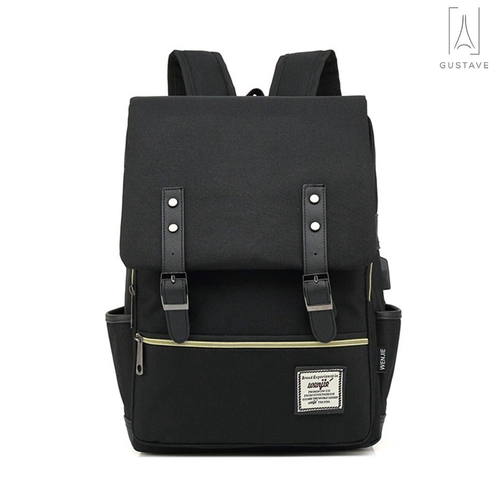 Gustave Canvas Anti-Theft Laptop Backpack for Men Women Large Capacity Casual Travel Backpack Daypack Computer Bag with USB Charging Port "Black"