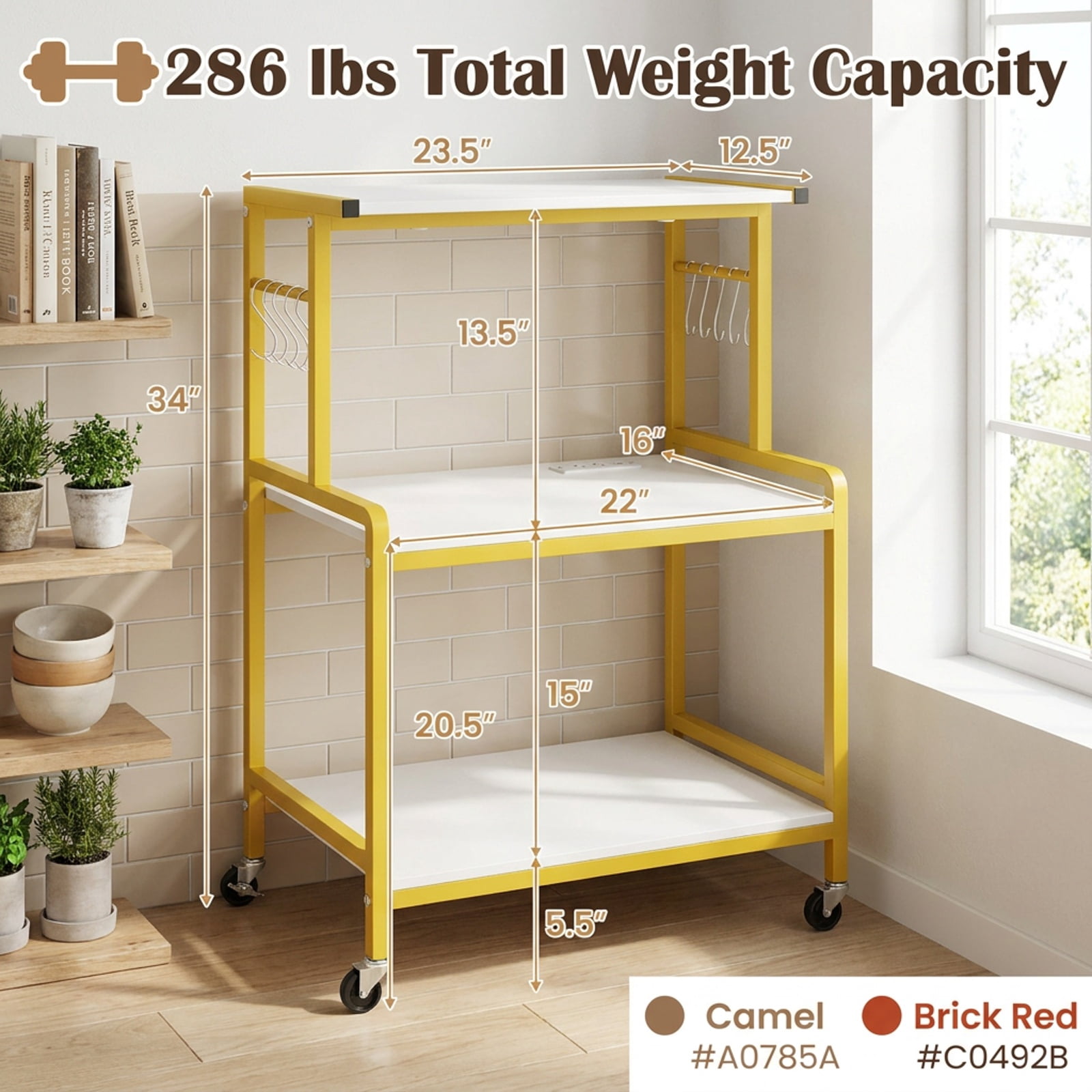 Furnibear 3-Tier Rolling Microwave Cart with Power Outlet and 10 Hooks and Lockable Wheels