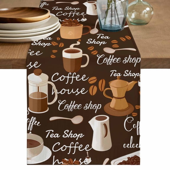 Coffee Table Runner, Brown Retro Coffee Theme Beans Latte Tea Cup Washable Cotton Linen Table Runners 60 Inches Long, Dresser Scarf Runner for Coffee/TV Stands/Kitchen/Cabinets 13''x60''