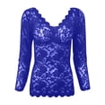 thumbnail image 4 of BYHONG Women Shirt Lace Shirt Casual Slim Fit Tops Embroidery Sheer Mesh Lace Long Sleeve Deep V Neck Temperament Trim Plunging Neck Lace Lingerie Top Vest Underwear Blue XL, 4 of 5