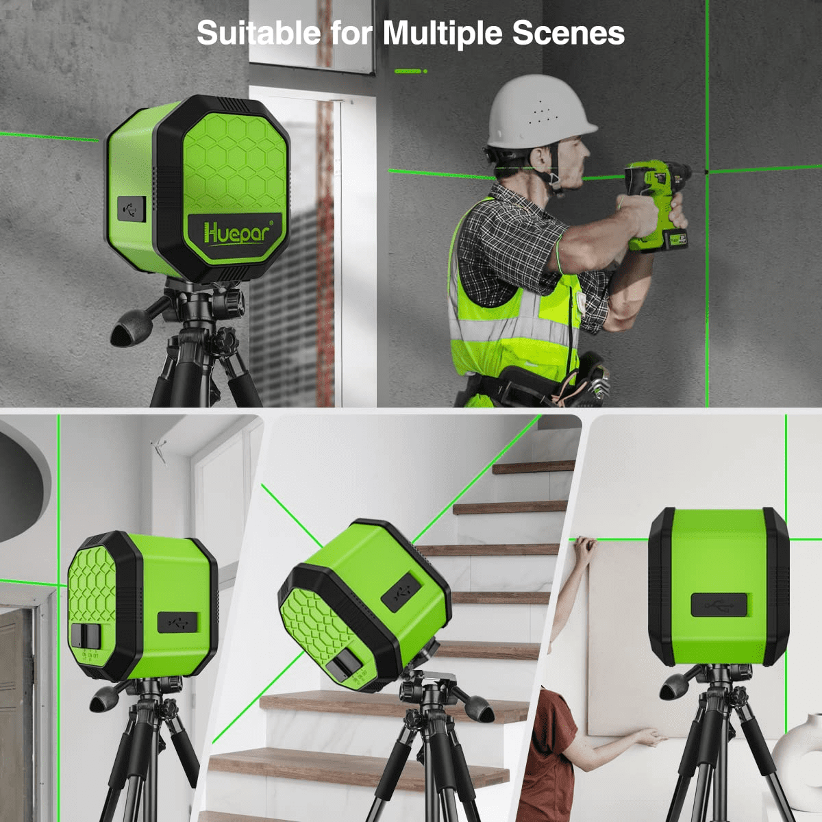 Huepar Green Beam Cross Line Laser Level Self-Leveling Laser Level Tools with Rechargeable Li-ion Battery
