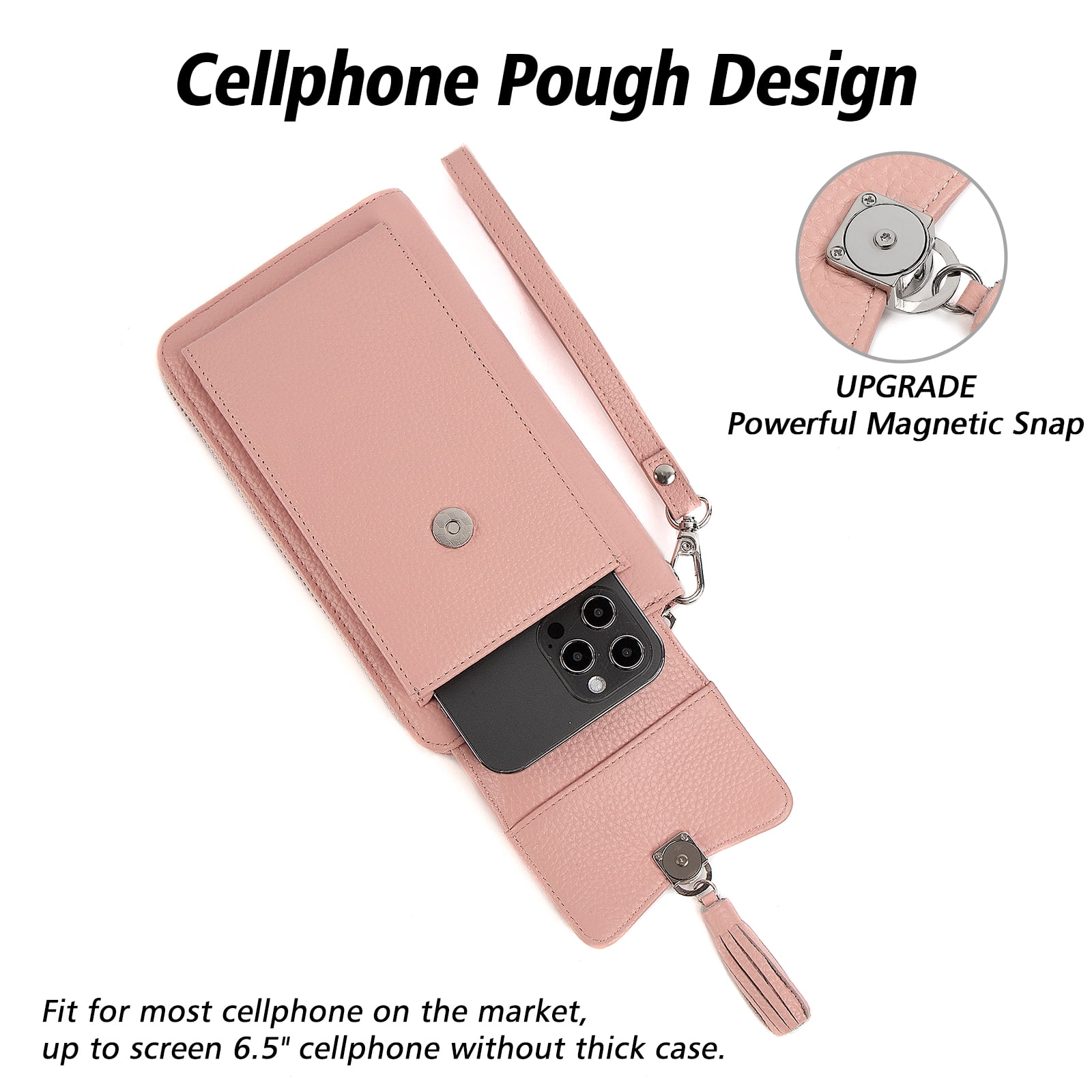 Pearl Angeli Women's Leather Mobile Phone Crossbody Cell Phone Bag RFID (Pink)