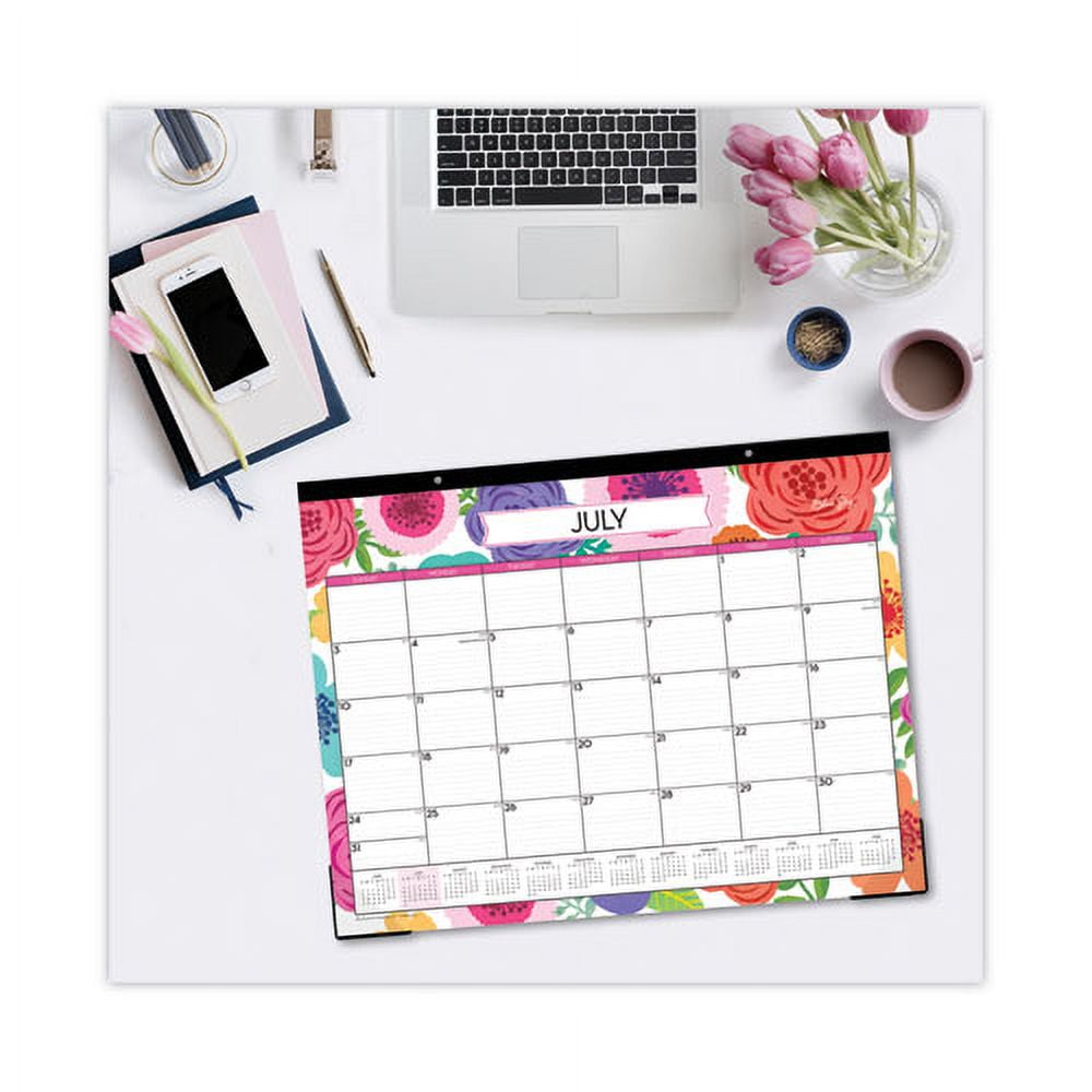 Mahalo Academic Desk Pad, Floral Artwork, 22 x 17, Black Binding, Clear Corners, 12-Month (July to June): 2025 to 2026 | Bundle of 5