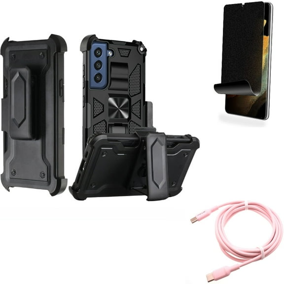 Privacy Screen Protector & Pink 10ft Long Cable & Case Belt Clip for Samsung Galaxy S22 Plus (S22 ) - Combo TPU Film (Fingerprint Works) Anti-Peep & USB-C to Type-C PD Fast Charger Cord & Holster