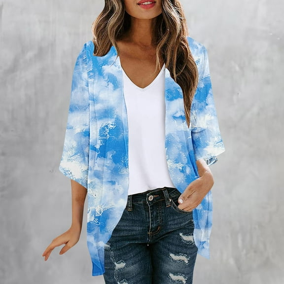 Sakmal Cover-Up Coats for Women Plus Size Lightweight Elbow-Length Loose Fit Cardigan Chiffon Tie Dye Jackets for Girls