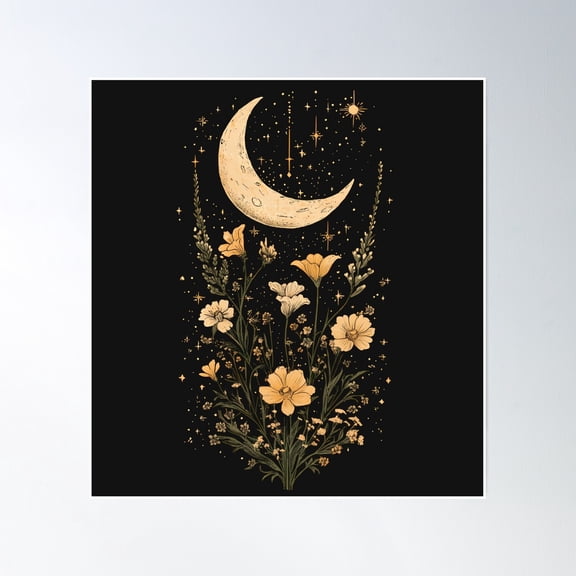 Vintage Celestial Moon Art With Boho Flowers – Dreamy And Timeless Poster Wall Art, Modern Wall Decor, 16x16 UNFRAMED
