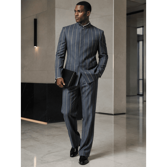 Men's Gray Pinstripe Pattern Two-Piece Suit with Mandarin Collar for Wedding, Prom and Formal Events