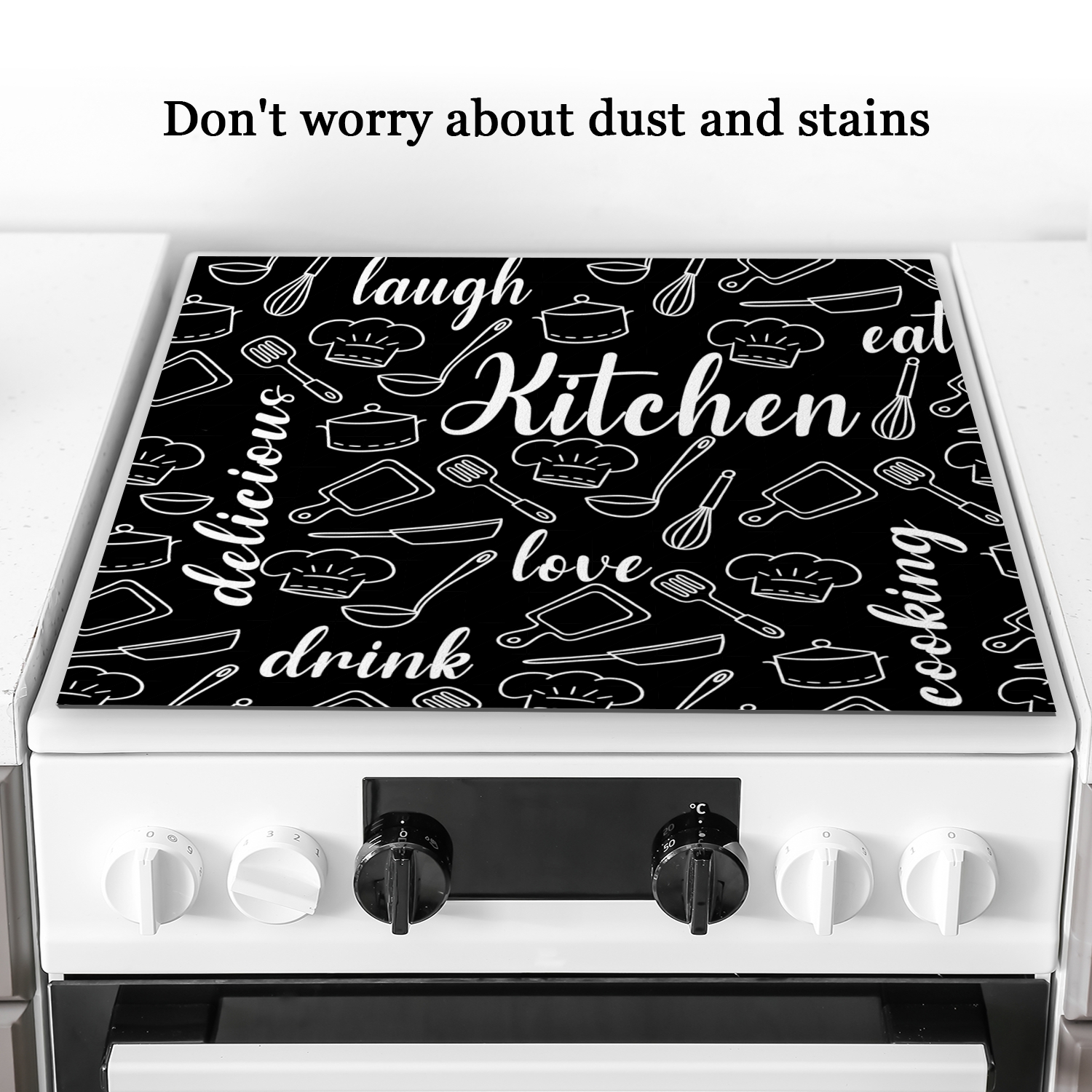 Diatomite Square Stove Top Cover, Kitchen Theme Print Waterproof Oilproof Dustproof Glass Oven Covers Mat, Foldable Washable Durable Pad for Kitchen RV (28×20 Inch)