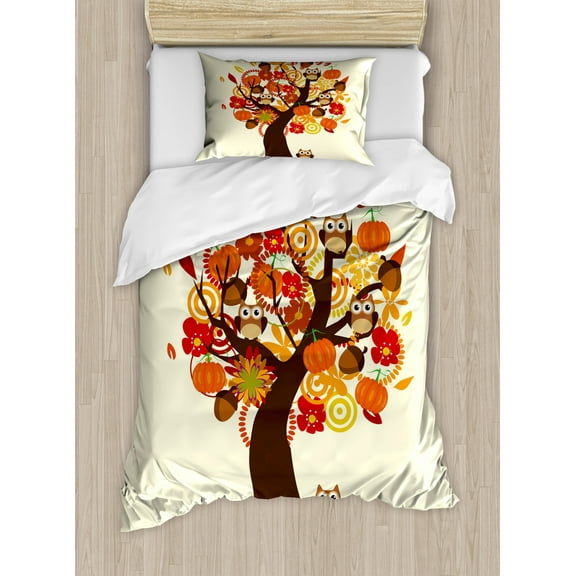 Kids Thanksgiving Duvet Cover Set Twin Size, Abstract Fall Tree with Flowers Acorns Pumpkins and Owls Generous Nature, Decorative 2 Piece Bedding Set with 1 Pillow Sham, Multicolor, by Ambesonne