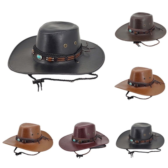 UTSJKR Women's Western Cowboy Stylish Hat Ethnic Vintage Summer Top Hats Elegant Cap Drawstring Jewelry Embellished Red
