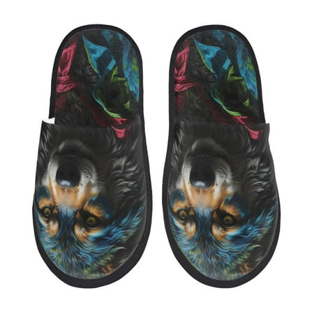 

Fuzoiu Vintage Wolf Warrior Print Unisex Furry Slippers Plush Indoor Shoes Trendy House Slippers Anti-Skid EVA Sole House Shoes for Home Office and Travel -Medium