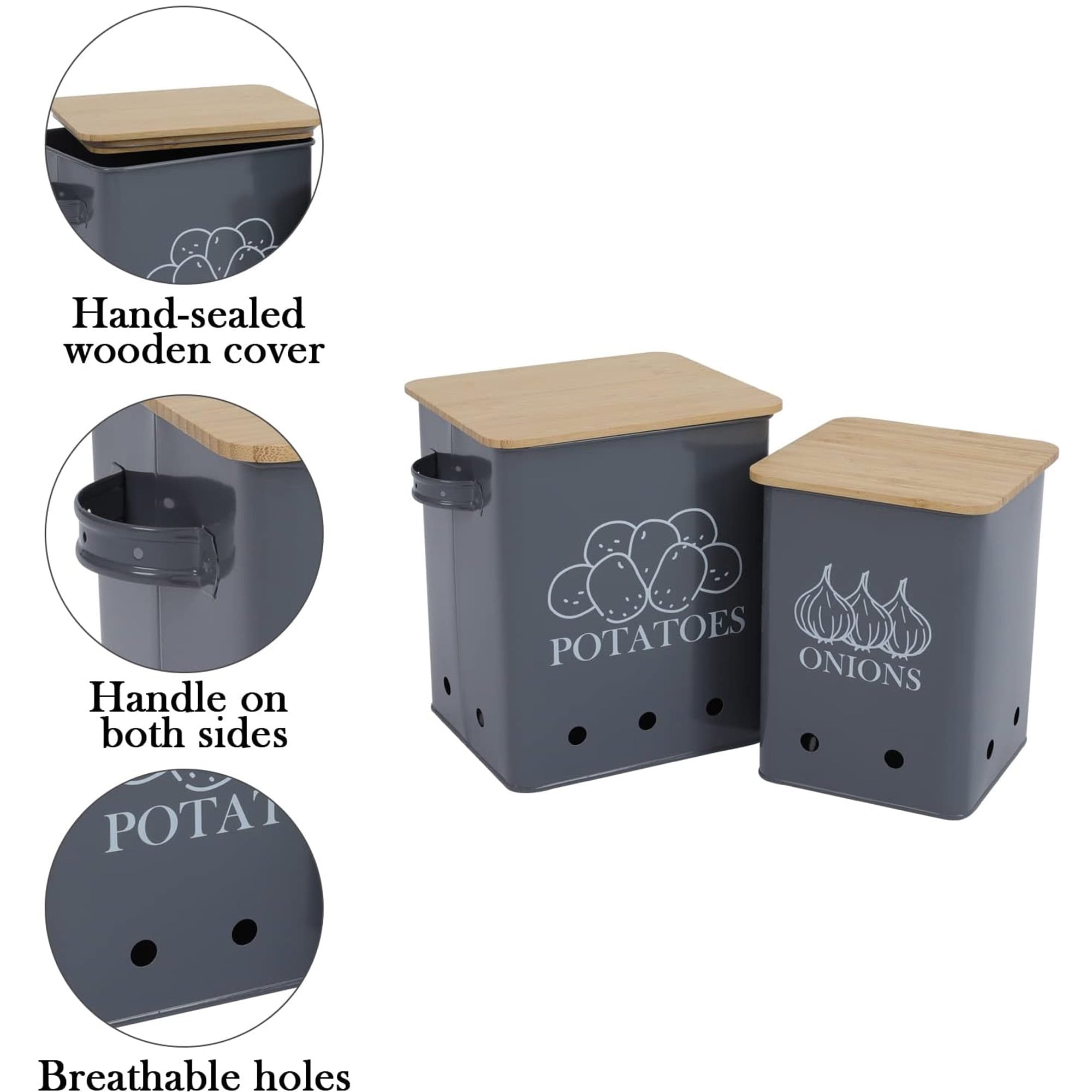 Pethiy Kitchen Vegetable Storage Tins Set of 2 for Potatoes, Onion, Garlic Bin Caddy with Aerating Tin Storage Holes & Wood Lid,7.4L+4.5L,Gray