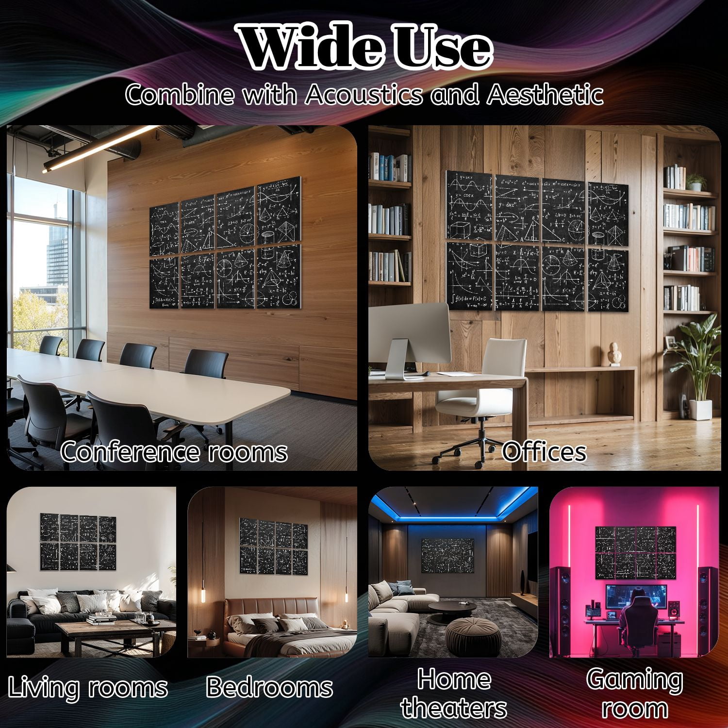 Classroom 8 Pack Art Acoustic Panels Sound Absorbing Chalkboard Filled Mathematical Equations Graphs Geometric Diagrams Decorative Soundproof Wall Panels Self Adhesive Kids Game Room 48"x32"