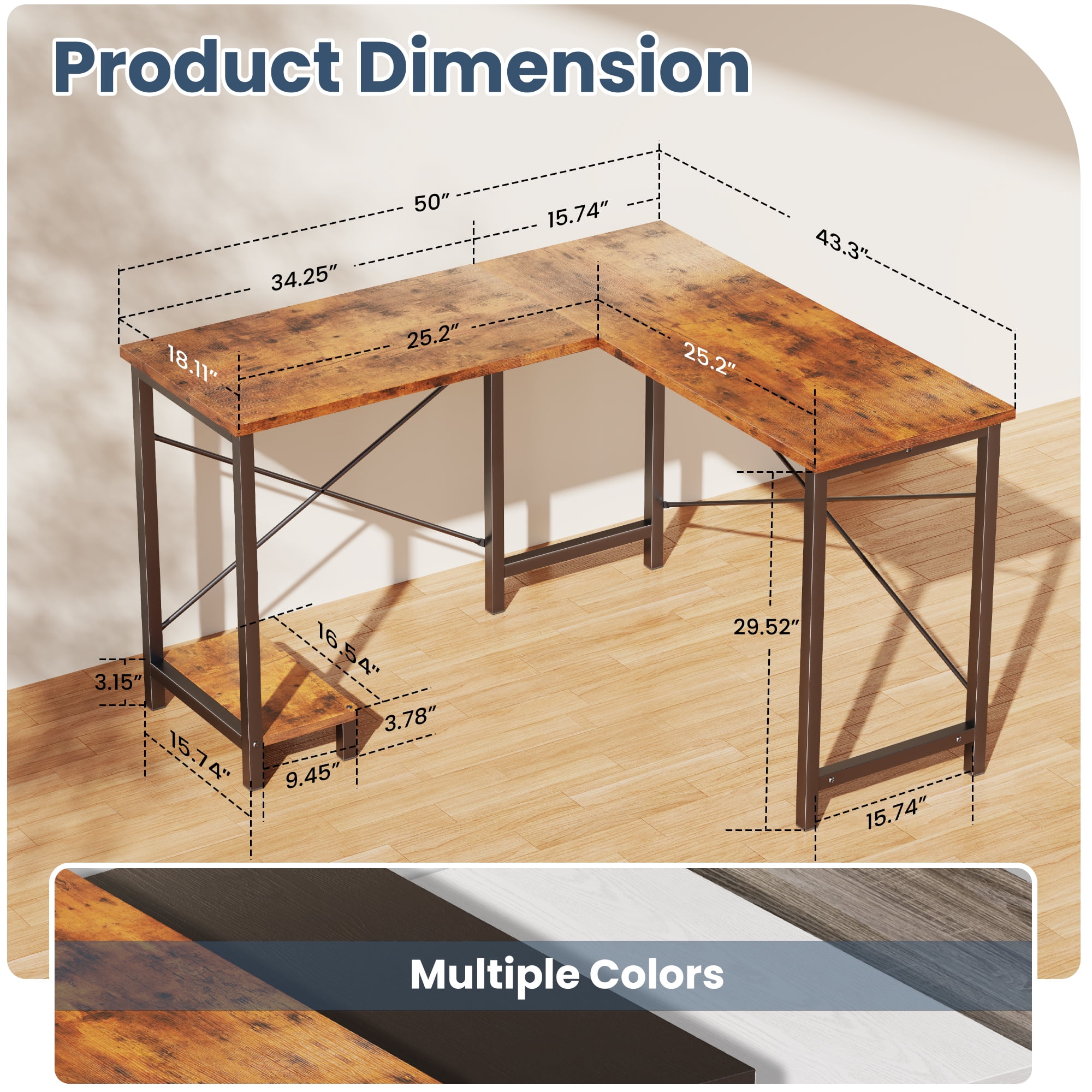 JIOABL 50" L-Shaped Corner Gaming Desk with Reversible CPU Stand, Waterproof Desktop & Metal Frame, Rustic Brown