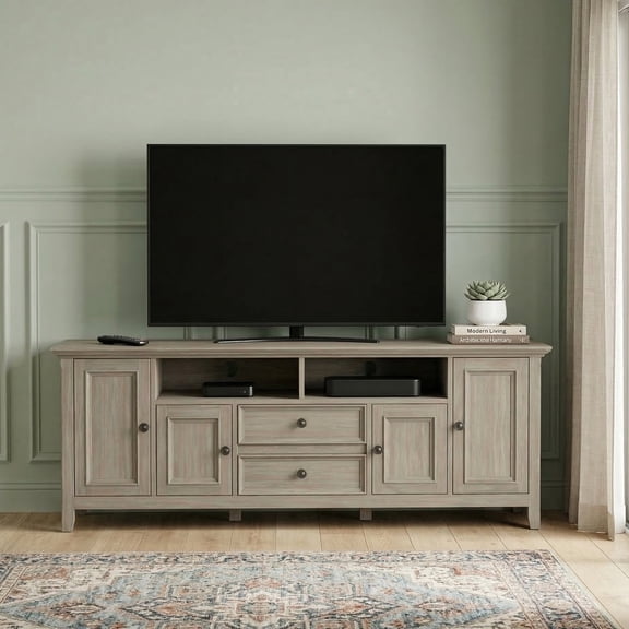 Simpli Home Amherst 72W Low TV Stand with Drawers, Doors and Cubbies