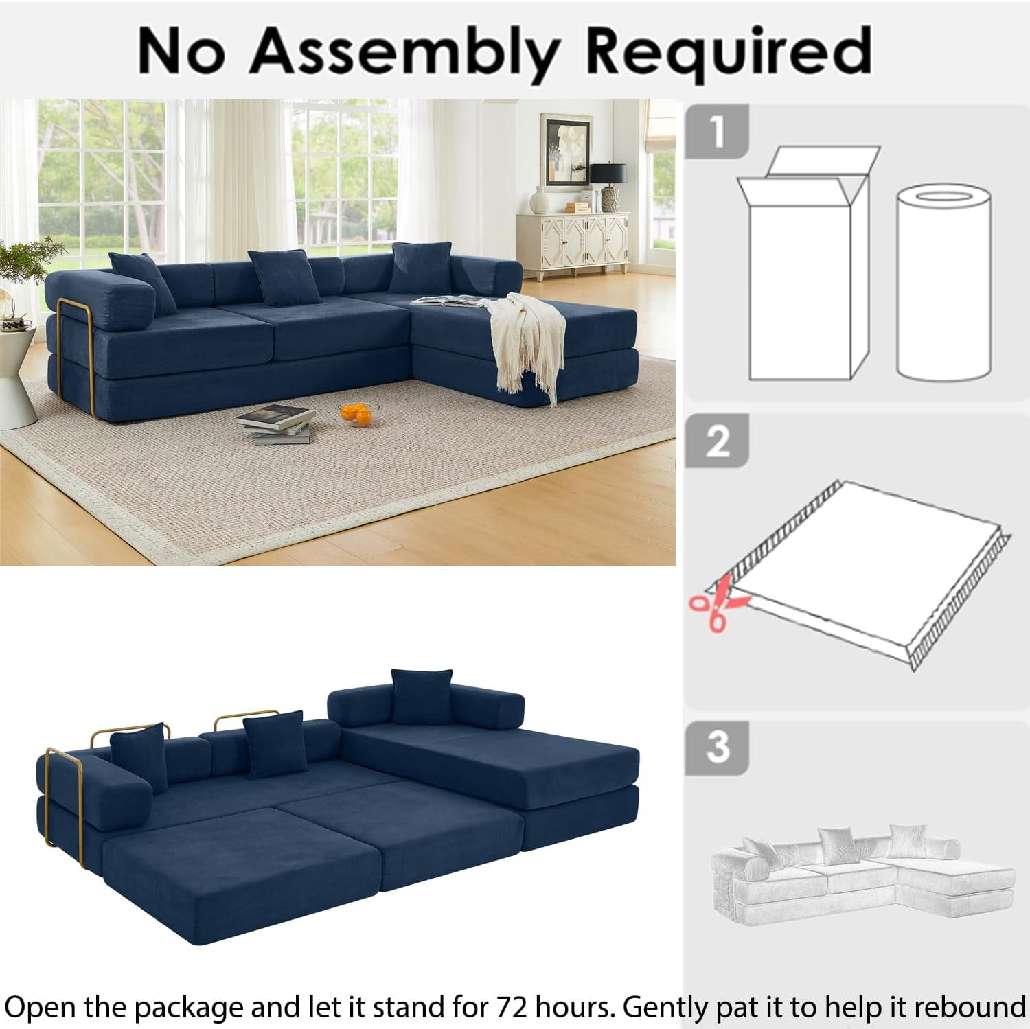 Ywen 108" Modular Sectional Sofa,Futon Convertible Sofa Bed,Oversized Corduroy Boneless Couch for Living Room,Floor Loveseat Sleeper with Pull Out Bed,Free Combination,No Assembly Required (Blue)