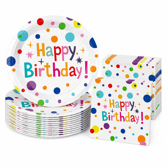 60 Pcs Happy Birthday Paper Plates and Napkins, 9 Inch Colorful Polka Dot Birthday Cake Dessert Plates Disposable Tableware Set for Birthdays Party Decorations, 30 Guests
