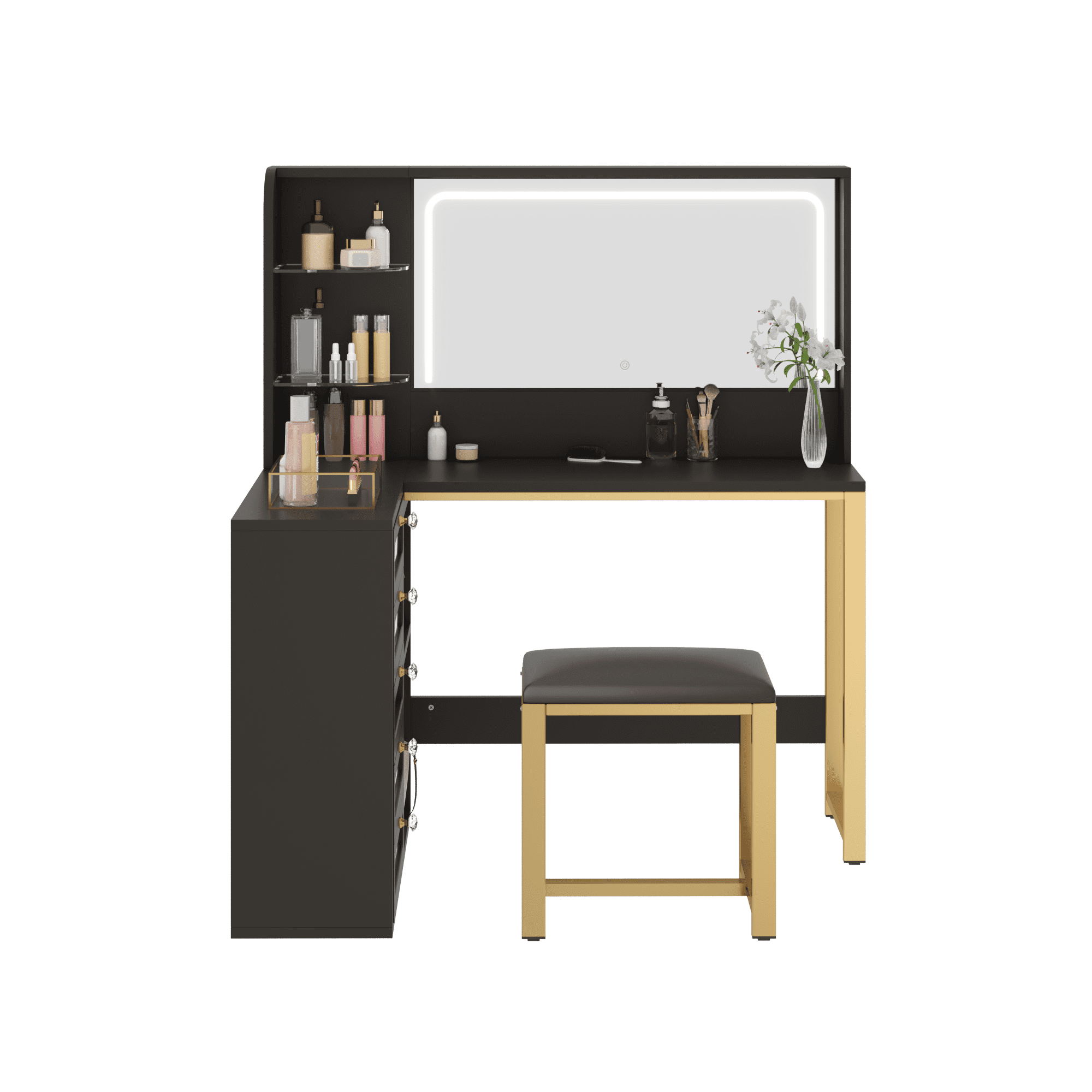 Uforic Black Corner Makeup Vanity Desk Set with Stool, LED Mirror, Glass Drawers