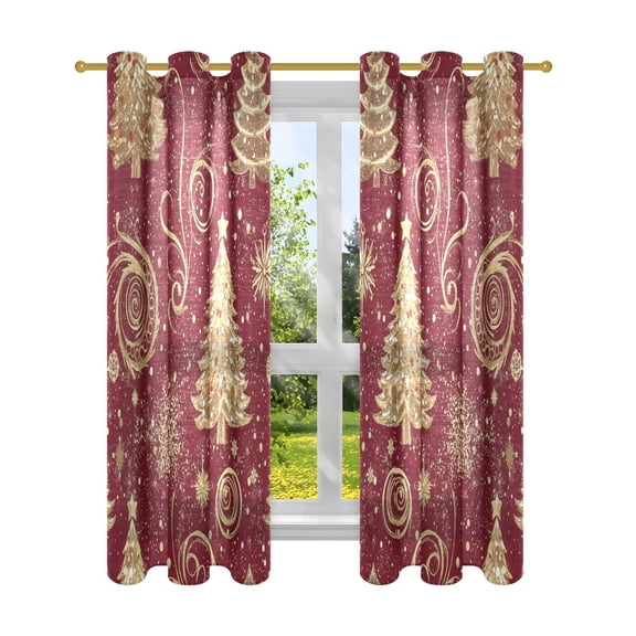 Window Curtain Panels Cotton Linen Decorative Curtains - Symmetrical Christmas Trees Painting Window Shade Backdrops for Home Office Sunroom Country House