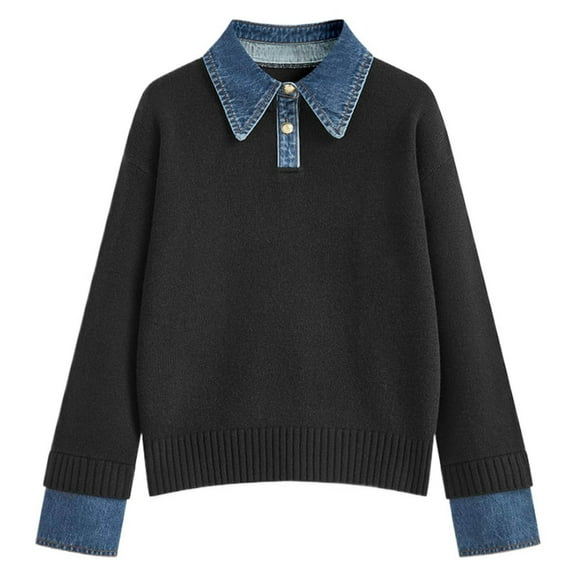 BOOMNY Womens Sweater Long Sleeve Sweaters for Women Denim Trim Versatile Warm Knit Pullover Trendy Tops 2025 Fall Winter Knitwear