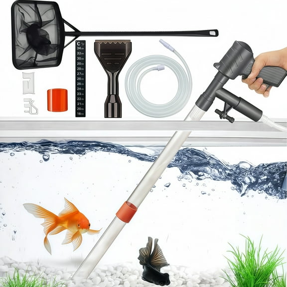 JunJuxs Hand Pump & At-Home Aquarium Gravel Vacuum Set, with Thermometers Stick & Fish Net Kit