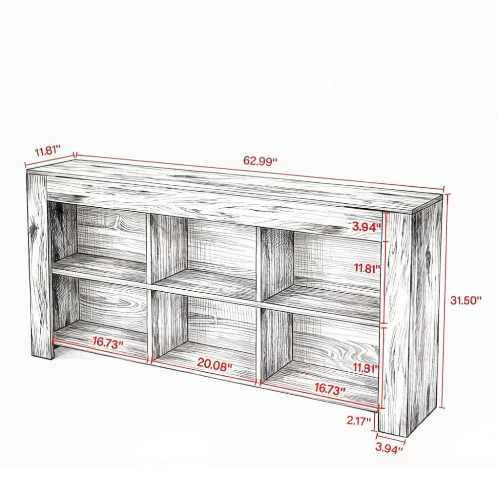 63 in Horizontal Bookshelf with 6 Storage Cubes, MDF, Rustic Industrial Style