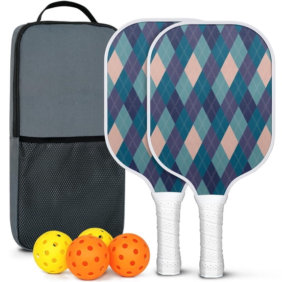 Pickleball Paddles Set Of 2, Fiberglass Surface, Elegant Geometric Print, 4 Balls & Bag