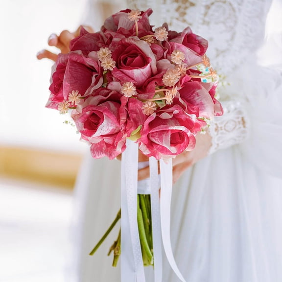 HCBY Artificial Rose Hydrangea Flowers Bouquet Faux Silk Rose Flowers Bouquet for Bride Bridesmaid Centerpieces Floral Arrangement Home Decoration (Hot Pink 9.8"x5.6")