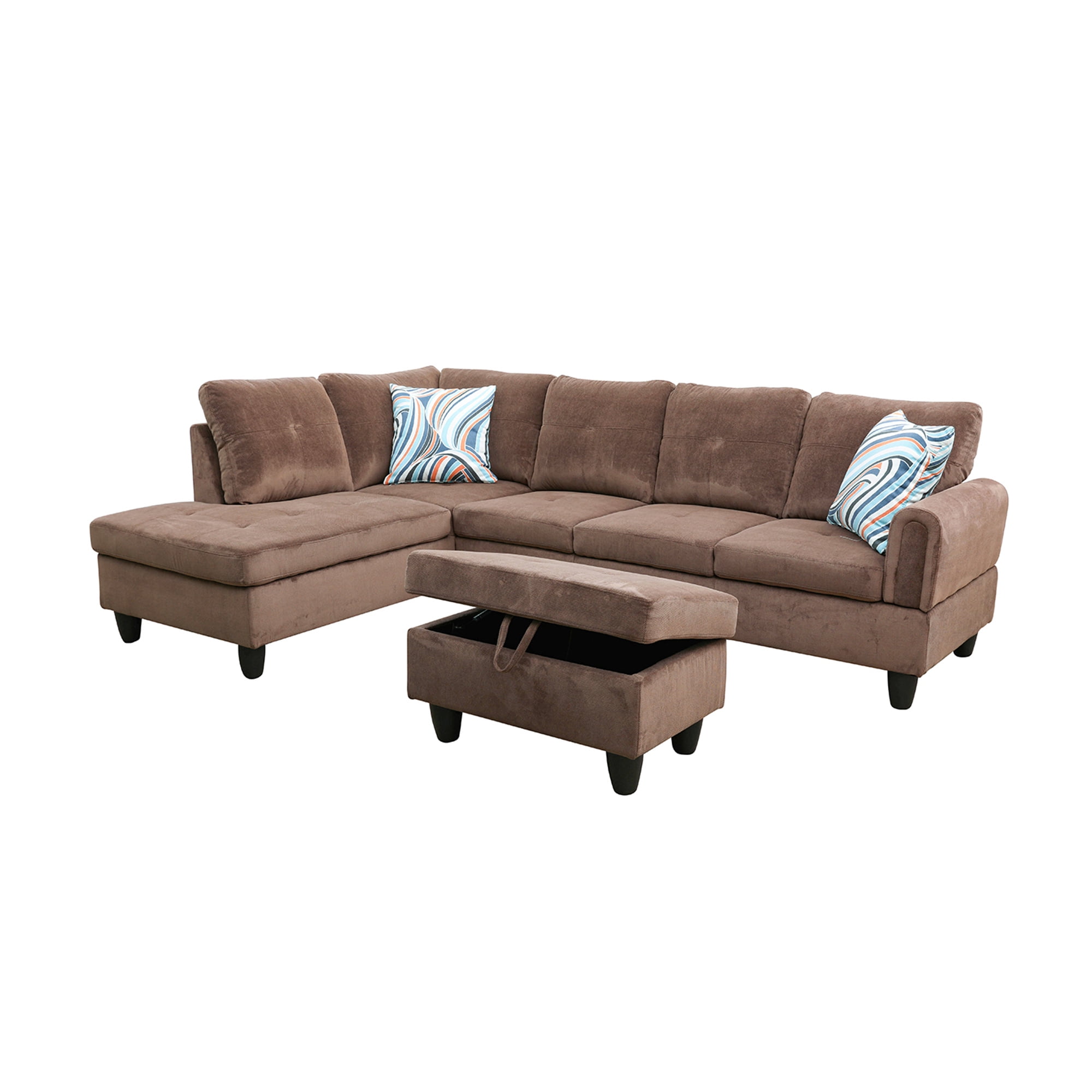 Aukfa 3 Piece L-shape Sectional Sofa Couch w/ Storage Ottoman, 2 Pillows, Pineapple Velvet, Brown