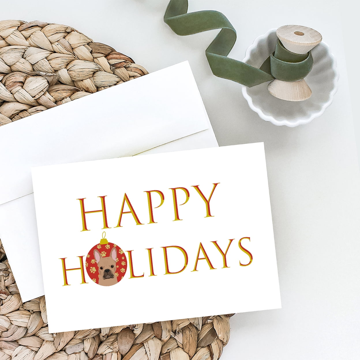 French Bulldog Cream Happy Holidays Greeting Cards and Envelopes Pack of 8 7 in x 5 in