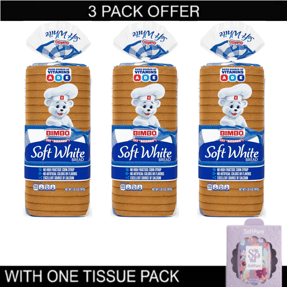 Bimbo Soft White Bread 3-Pack Bundle (20 oz Loaves, 60 oz Total) with tissue pack