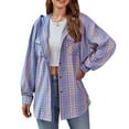 thumbnail image 2 of Women Long Sleeve Plaid Hooded Shirt Drawstring Button Up Shacket Jacket Chest Pockets Casual and Cozy, 2 of 7