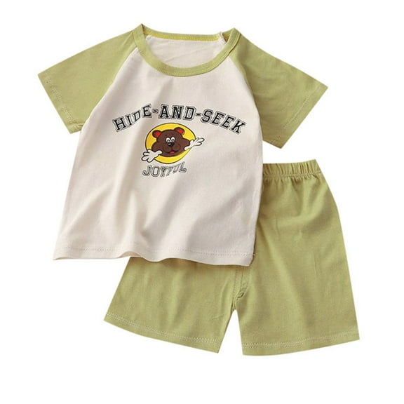 Gbsyewxs Boys Outfits 2 Piece Crew Neck Short Sleeve Cartoon Print Tops And Shorts Soft Summer Boys Clothes Set Army Green Size 18-24 Months