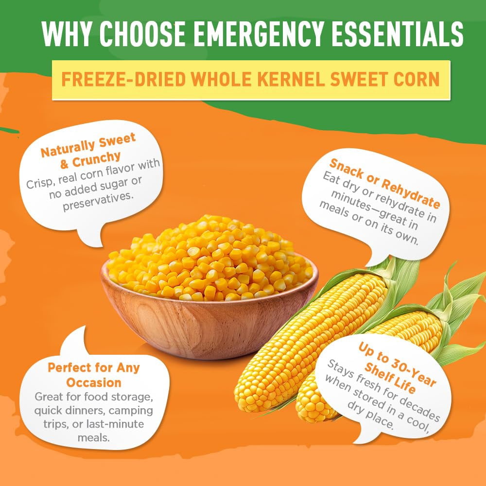 Emergency Essentials Freeze-Dried Super Sweet Corn – Large #10 Can, 30-Year Shelf Life, 22 Servings, Emergency Food Supply or Everyday Use