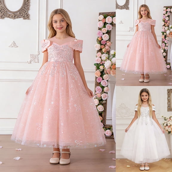 Dress for Girls Size 7-8Y Kids Elegant Short Sleeve Round Neck Birthday Pageant Party Dress Dresses for Girls
