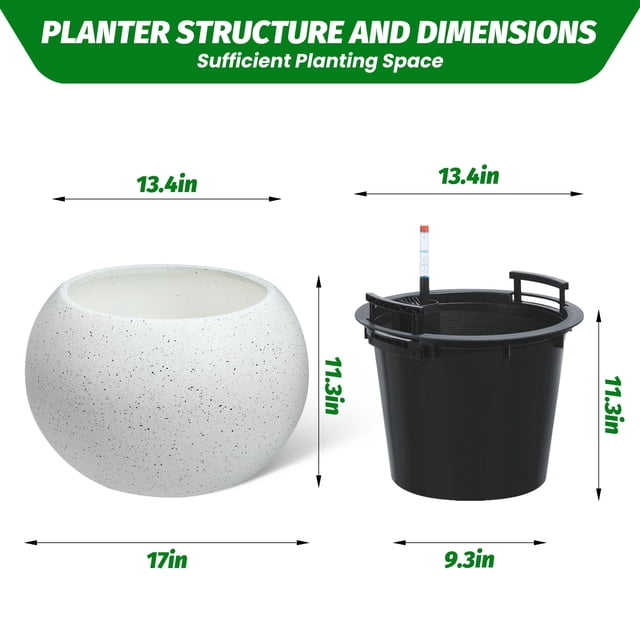 Edtara Round Self-Watering Planter, Large Flower Pot With Drainage System and Water Level Monitor for Porch or Patio