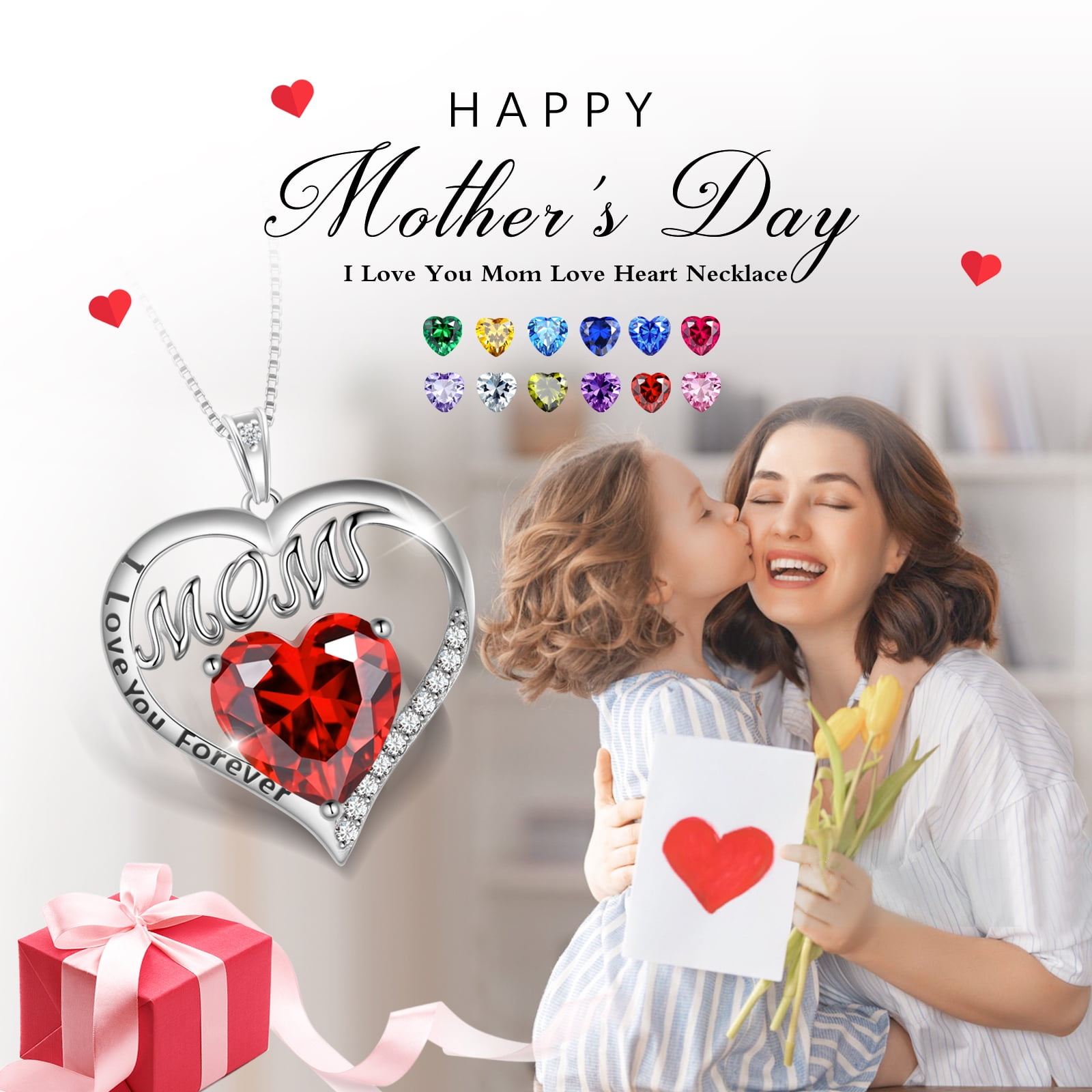 Juwaliy Mom Necklace Heart July Birthstone Necklace Ruby Red 925 Sterling Silver Pendant Jewelry Women Grandma Christmas Birthday Mother's Day Gifts