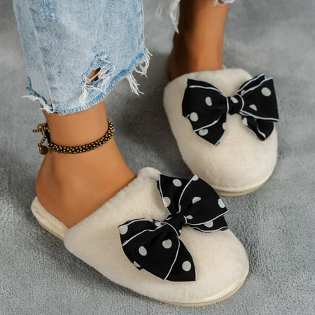 

Cathalem Womens Slippers Leopard Print Ladies Fashion Polka Fot Bow Knot Plush Warm Closed Toe Flat Home Slippers Men And Women White 6