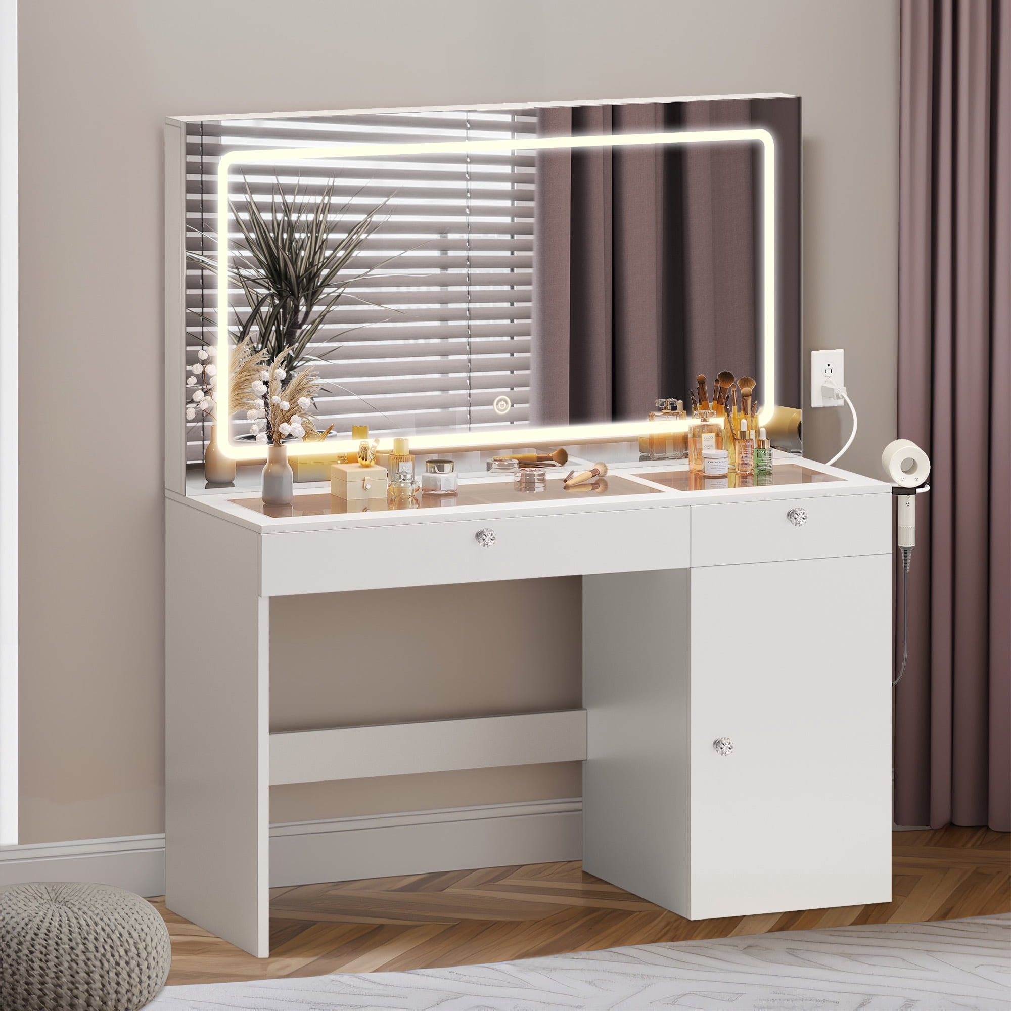 Uforic Modern Vanity Desk with LED Lighted Mirror & Power Outlet, Makeup Vanity Table with Drawers & Cabinet , Bedroom Dressing Vanity with Dividers and Hair Dryer Rack, White