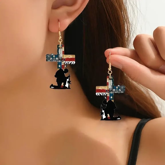 Coziro Patriotic Cross Soldier Earrings American Flag Thank You Dangle Jewelry Red Color for Women Veterans Day Independence Day Memorial Gift