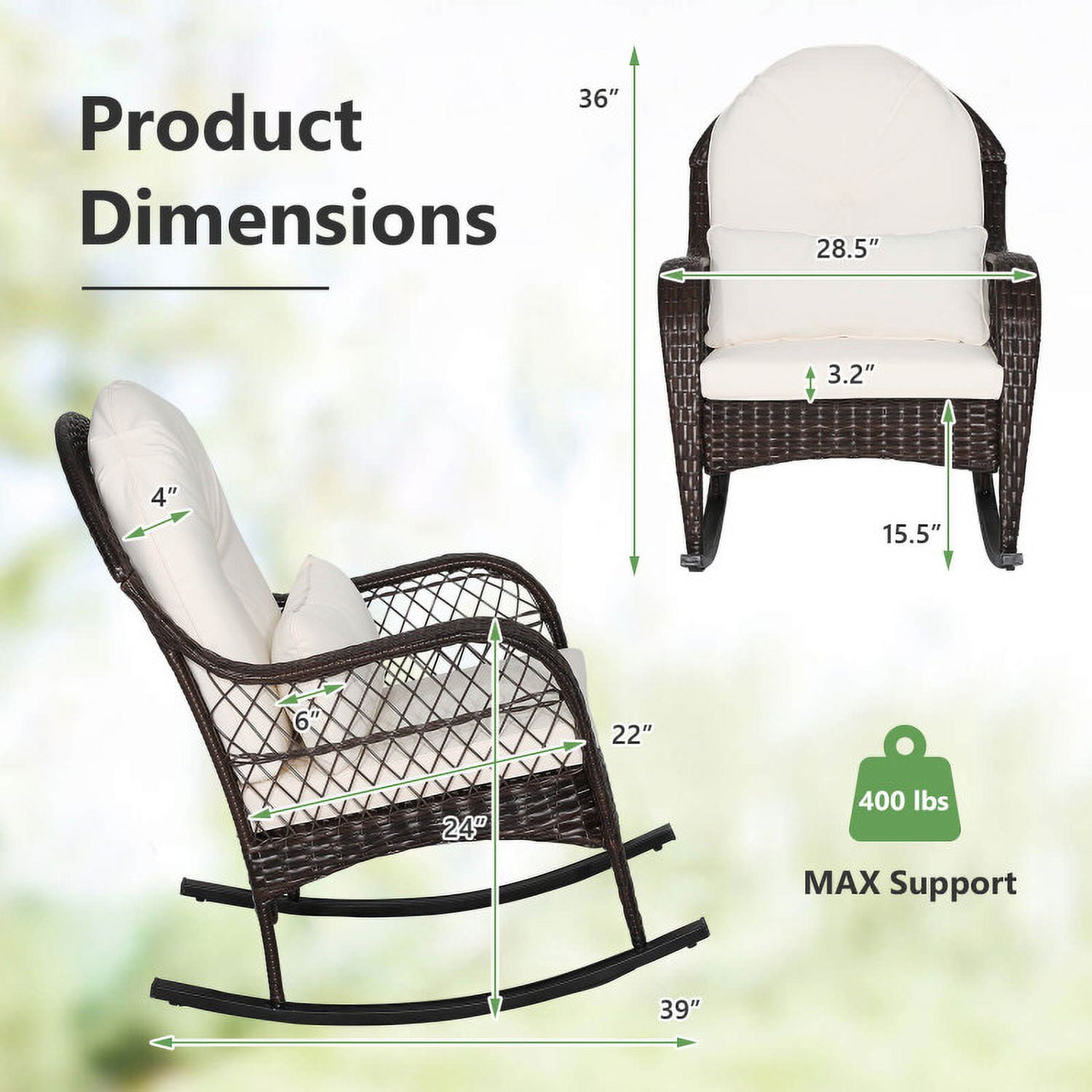 Aimee Lii Outdoor Rocking Chair with Cushion, Wooden Patio Rocker Chair for Lawn, Porch and Garden, White