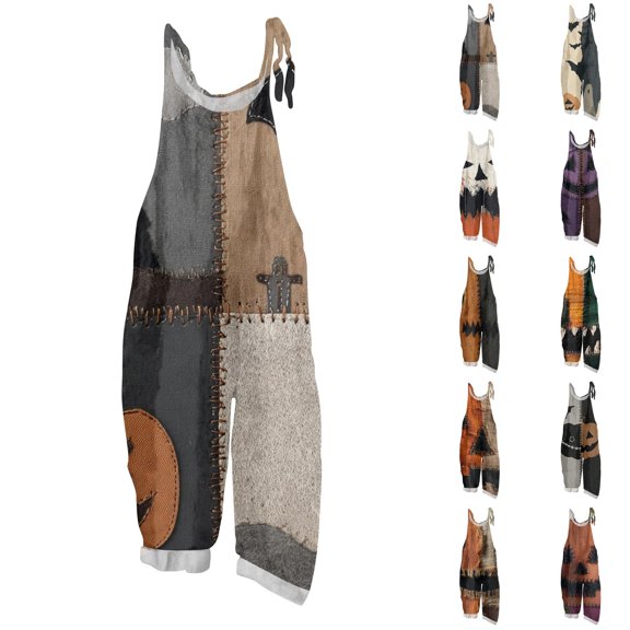 Evdexr Halloween Jumpsuits Womens 2026 Patches Ghost Printed Rompers Wide Leg Square Neck Sleeveless Costumes Baggy Loose Fit Pants with Pockets XL