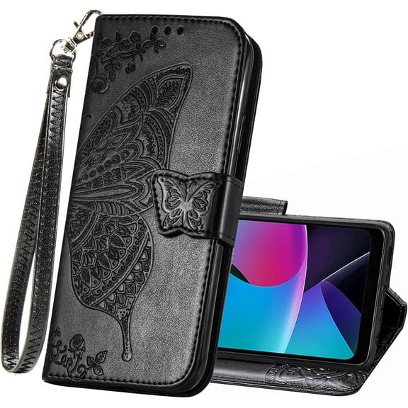 Wallet Case for Motorola Moto G Play 2023,PU Leather Flip Protective Phone Case Wrist Strap Card Slots Holder Pocket Emboss Butterfly Flower Stand Case for Motorola Moto G Play 2023 Black