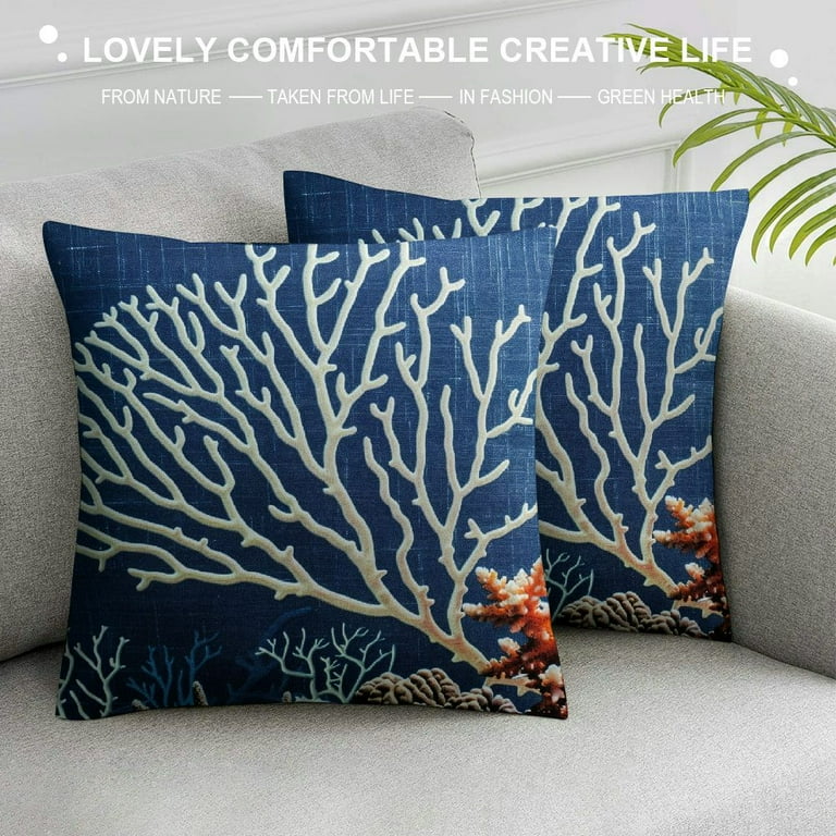 Shiartex Navy Blue Coastal Coral Pillow Covers Nautical Beach